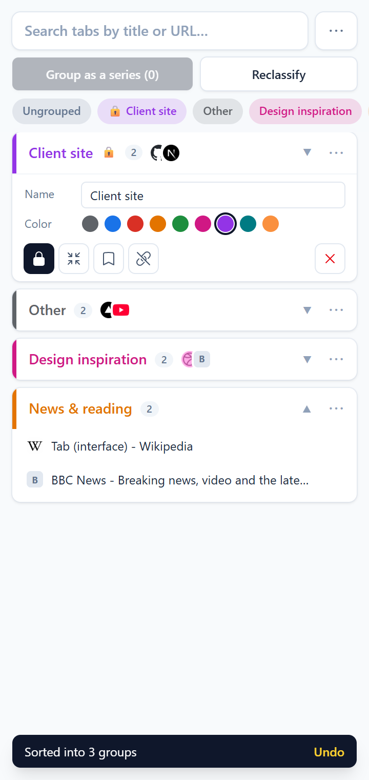 The Groupify side panel with a locked Client site group and groups for design inspiration and news